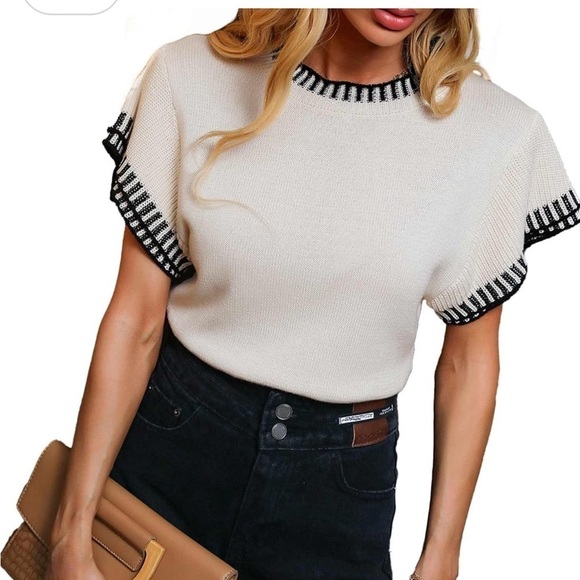 None Tops - Striped Trim Ruffle White Sweater Blouse Women’s Large Preppy Elegant Girly